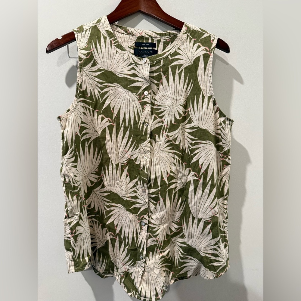 Thahari Olive Palm Print Button Blouse Size M
